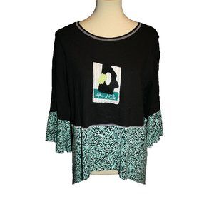 Eye 4 D Tale Black Teal Shirt Top Assymetrical Hem Butterfly Sleeve Large NEW